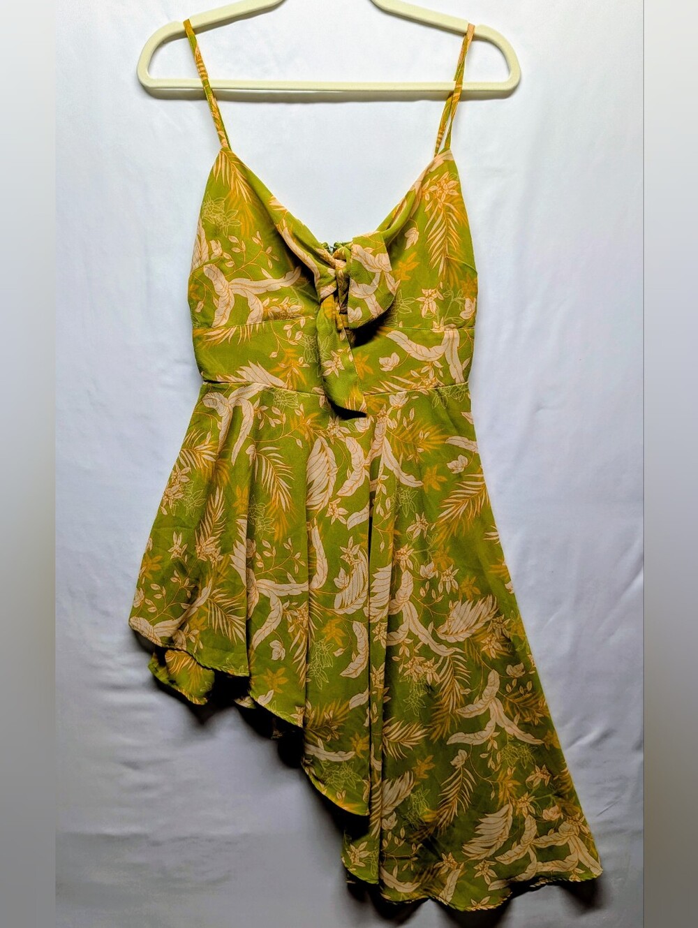 408-Guess Olive Green Floral Asymmetrical Tie-Front Dress